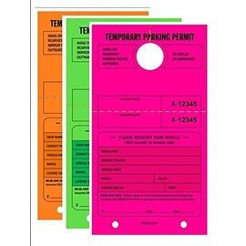 Temporary Parking Permit - Mirror Hang Tags, Numbered with Tear-Off Stub, 7-3/4" x 4-1/4", Bright Fluorescent Pink,Green and Orange, 50 Per Pack - Triple-Pack (150 Tags)