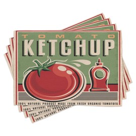 Lunarable Retro Place Mats Set of 4, Vintage Condiment Advert Tomato Ketchup Doodle Style Fruit Design, Washable Fabric Placemats for Dining Room Kitchen Table Decor, Beige Dark Coral Pale Green