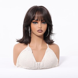 Tumhorn Short Wavy Bob Wig with Bangs Brown Curly Hair Wigs for Women Shoulder Length Synthetic Heat Resistant Wig for Everyday Hairstyle 12 Inch