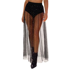 Eisnnu Women 2 in 1 Sheer Mesh Tulle Long Glitter Sequin Skirt Stretch High Waist A-Line Party Maxi Dress Streetwear Club Wear (UK, Alpha, M, Regular, Regular, Black)
