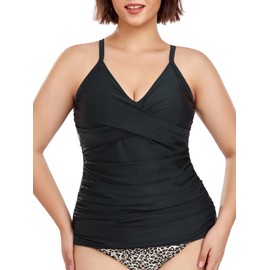 RELLECIGA Women's Black Retro V Neckline Ruched Tankini Top Size Large