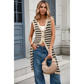 Cakulo Womens Sleeveless Crochet Cardigans Beach Cover Up 2025 Summer Long Knit Sweater Vest Tops Black and Khaki Striped L