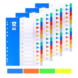 Pack of 4 Dividers for A4 Folders, Porous Multi-Purpose Index Dividers with Numbers 1-12 Index, Multi-Purpose Folder Dividers A4 Made of Polypropylene, Extra Wide 12-Piece Index for Folder A4 with