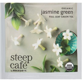 Steep Café Organic Jasmine Green Tea, 50 Bags per Box, Single Source, Premium Whole Leaf Teas in a Sachet Pyramid Bag, Individually Wrapped in a Foil Pouch, Hot or Iced, by Bigelow Tea