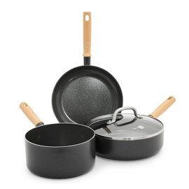 GreenPan Hudson Healthy Ceramic Nonstick, 4 Piece Cookware Pots and Pans Set, Vintage Wood Inspired Handle, PFAS-Free, Dishwasher Safe, Black