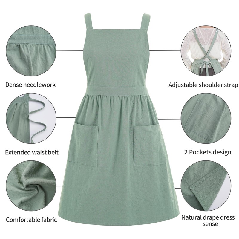 Pinknoke Cotton Linen Pinafore Apron Dress for Women with Pockets