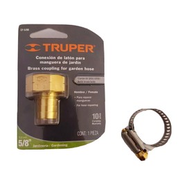 Truper 5/8" Brass Female Brass Coupling for Garden Hose with washer & Clamp
