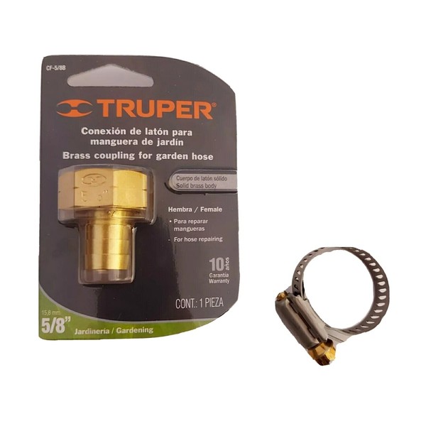 Truper 5/8" Brass Female Brass Coupling for Garden Hose with washer & Clamp