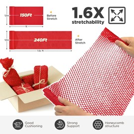 Honeycomb Packing Paper, 12"x150' Red | Perforated Honeycomb Packing Paper Recyclable Moving Supplies for Shipping & Moving | Plastic-Free Alternative to Bubble Cushion Wrap with 36 Fragile Stickers