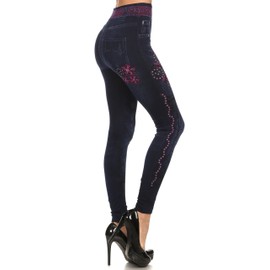 ICONOFLASH Women's Fleece Lined Faux Denim Sublimation Legging, Pink Rhinestones