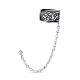 Bali Boho Style Vine Scroll Chain Cartilage Ear Cuff Stud Earrings For Men For Women Oxidized .925 Sterling Silver