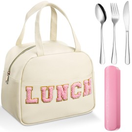 Sanwuta 5 Pcs Preppy White Lunch Box Set for Teen Girls Women Insulated Leather Cute Lunch Bag with Utensils Letter Thermal Bento Box for Teen Girls Kids Adult School Travel Office