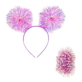 1 Piece Of Silk Ball Headband, 1 Piece Of Silk Ball Bracelet, Fluffy Ball Hair Accessories, Glitter Headband For Girls, Birthday Party Accessories, Stage Performance Props