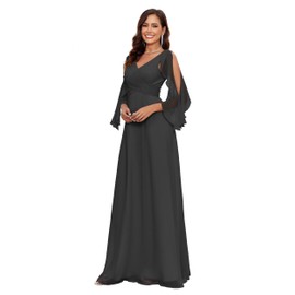 GREEKKNIGHT Black Bridesmaid Dresses with Sleeves for Women V Neck Cold Shoulder Elegant Chiffon Wedding Long Ruched A Line Evening Gown with Pockets US4