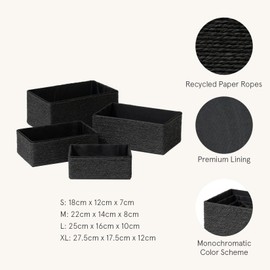 LA JOLIE MUSE Storage Baskets for Organizing Set 4 - Sturdy Woven Basket Paper Decorative Baskets, Stackable Storage Boxes for Makeup Closet Bathroom Bedroom Shelf (Black）