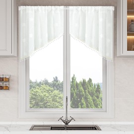 VOGOL Floral Embroidered Valance for Kitchen Windows, Semi Sheer Country Style Swag Tier Curtain for Cafe, Soft Touch Drapery Home Decor with Bead Tassels, White, 30 x 30, 2 Panels