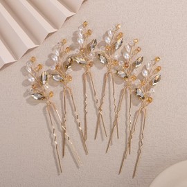 Teyglen 6pcs Bridal Champagne Crystal Hair Pins Simple Rhinestone Pearl Hair Piece for Bride Wedding Hair Pins Clips Hair Accessories for Women Party Prom Headpiece(Champagne)