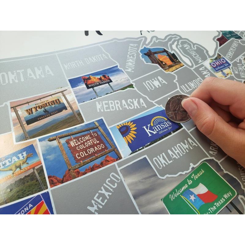 US scratch off map; State Welcome signs, travel poster; Scratch
