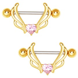 Cocobul Body Jewelry Pair of Gold Plated Flying Heart Nipple Shield 14 Gauge 3/4"