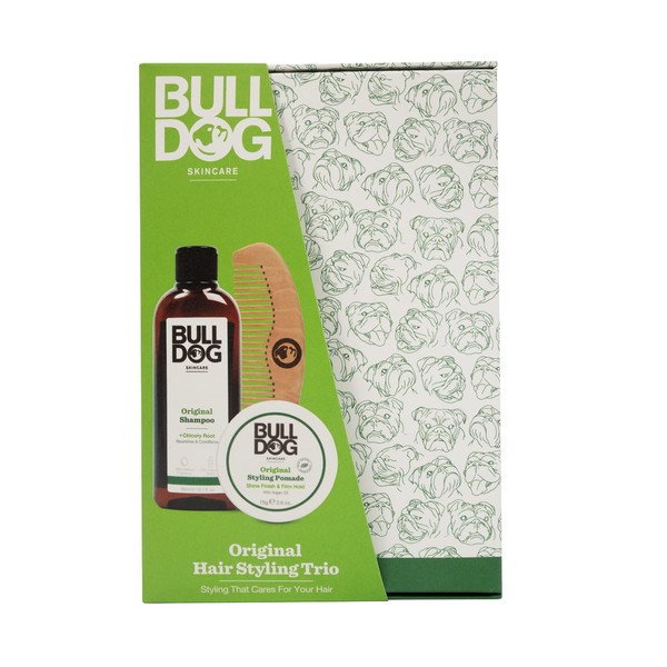 Bulldog Skincare - Original Hair Styling Trio, Gift Set for Men (x1 Shampoo 300ml, x1 Pomade 75g & Pocket Comb)