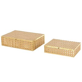 Deco 79 Rattan Decorative Jewelry Box Woven Jewelry Organizers with Glass Panels and Chain Accent, Set of 2 Jewelry Holder 10", 8"W, Brown