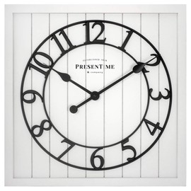 PresenTime & Co 21" Farmhouse Square Shiplap Barn Door Wood Clock - White, Arabic Numeral. Home Decoration/Wall Decoration/Farmhouse Décor for Living Room, Dining Room, and Entryway.