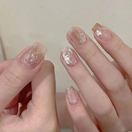 Nail Tip, Short, Medium, 24 Pieces, False Nails, Nail Tip, Brown Brown, Silver Foil, Flowers, Popular, Japanese Style, Cute, Simple, Fashionable Party, Autumn, Spring, Summer, Daily Life, Bridal Nail
