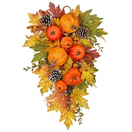 Artificial Pumpkin Harvest Teardrop Swag – 23.6 Inch Fall Hanging Decoration with Mini Pumpkins, Pinecones & Maple Leaves for Front Door Autumn Decoration