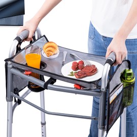 BAGSFY Walker Tray with Cup Holder & 2 Side Pockets, Folding Walker Table for Seniors | Sturdy, Easy-Clean Tray with PEVA Surface | Universal Fit for Standard Walkers, Walker Accessory for Elderly