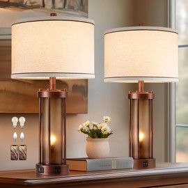 Set of 2 Farmhouse Table Lamps for Living Room, Rustic Bedside Lamps with 2 USB Charging Ports, Bedroom Nightstand Lamp with Amber Frosted Glass Nightlight, 4 Bulbs Includes