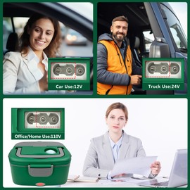 Electric Lunch Box - 80W Food Warmer for Car, Travel and Office, Portable Food Warmer, 12V/24V/110V with 1.8 Liter Stainless Steel Container with Fork and Spoon and Insulated Carrying Bag (green)
