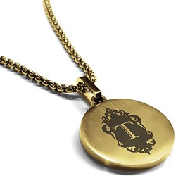 Comfort Zone Studios Stainless Steel Royal Crest Letter T initial Round Medallion Pendant Necklace, Gold