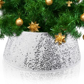 Christmas Tree Collar, Glitter Sequin Tree Skirt Christmas Tree Ring Christmas Tree Skirt Xmas Round Shiny Sparkle Tree Stand Base Cover Collar for Christmas Tree Decorations (White)
