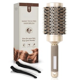 Round Hair Brush, Nano Thermal Ceramic & Ionic Tech, 2.1 Inch Barrel with Boar Bristles for Enhanced Texture, Golden, Hair Drying, Styling, Curling and Shine + 4 Free Clips - Style: 53mm-2.1 Inch Brush
