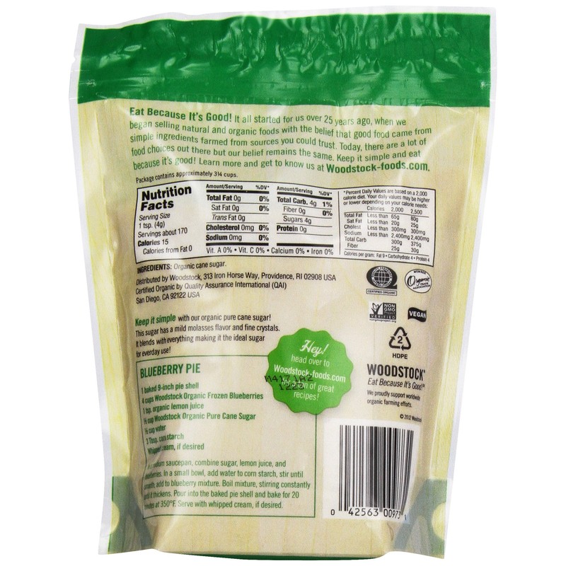 Woodstock, Evap Sugar Pure Cane, Granulated, At least 95% Organic,
