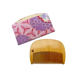 Full Boxwood Comb with Flower Pattern and Case - Japanese Style (Red) (#06 (Fine Teeth))