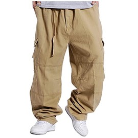 Kinghua Mens Baggy Cargo Pants Casual Loose Fit Elastic Waist Cotton Twill Cargo Pants (Khaki, 36)