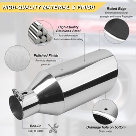 Vurkcy 3 inch Inlet Exhaust Tip, 6" Outlet 15" Overall Length Stainless Steel Exhaust Tail Pipe, Bolt-On, Rolled Edge, Slant Sleek Angle Cut, Polished Tailpipe, Silvery﻿