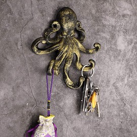 Sumnacon 6 Inch Cast Iron Octopus Decorative Coat Hook - Wall Mounted Nautical Hand Towel Rack Holder with Screws, Rustic Metal Clothing Hanger for Bedroom/Bathroom/Kitchen/Balcony, Green Bronze