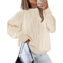 LOMON Cable Knit Sweater Women Oversized Long Sleeve Casual Chunky Pullover Fall Winter Top Woman Crew Neck Loose Fit Fashion Trendy Sweaters Apricot