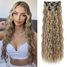 LONAI Clip In Hair Extensions, 6PCS Curly 24" Long Synthetic Clip On Hairpiece For Women Cool Brown with Blonde Highlights