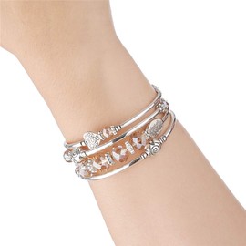 PEARL&CLUB Bead Crystal Wrap Bangle Bracelet - Fashion Jewelry Beaded Bracelet with Silver Metal, Gifts for Women, 2.4 inch, Crystal Glass Metal pearl Resin