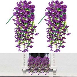 2 Pcs Artificial Hanging Flowers for Outdoor Spring Summer Decor, UV Resistant Faux Violet and Eucalyptus Vines, Real Plastic Decorations for Porch Patio Balcony Garden Wall Decoration (Purple)