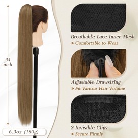BARSDAR Long Straight Ponytail Extension - 34 Inch Drawstring Brown Ponytail Hair Extensions Synthetic Clip in Pony Tails Hairpieces Fake Straight Ponytail for Women Girls Daily- Light Brown Mixed