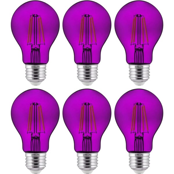 Sunlite LED Colored Filament A19 Light Bulb, 4.5 Watts, Medium E26 Base, 120 Volts, Transparent Purple, Dimmable, 320 Degree Beam Angle, UL Listed, 6 Count