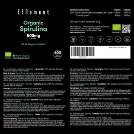 Organic Spirulina, 3000mg per dose, 600 Tablets | Superfood, Detox, Satiating, 100% Organic Spirulina, 64% Vegan Protein | 100% Natural Ingredients, Additives Free | Zenement