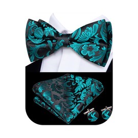Hi-Tie Pre-Tied Bowties for Men Silk Bow Ties and Pocket Square Cufflinks Set Mens Wedding Party Formal,Black Teal