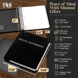 Estate Planning Binder DX Pre-Labeled Tabs, 1.5-Inch Angle D Ring, Faux Leather, Sheet Protectors– Organizing Wills, Trusts, Powers of Attorney (Gold on Black - Deluxe) + Linen Folder
