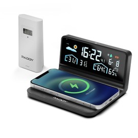 Raddy DT5-W Wireless Weather Station with Outdoor Sensor, Thermometer with Wide Angle Colour Display, 15 W QI Wireless Charging, Alarm and Snooze Function, Weather Forecast, Adjustable Backlight