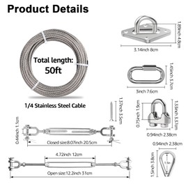 Fologtoo 1/4" Shade Sail Hardware Kit with 50ft 304 Stainless Steel Cable
